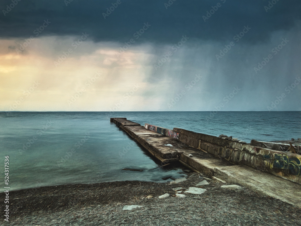 Sea coast with a long pier and rain in the sea. Illustration