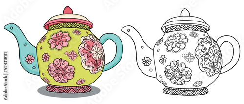 Hand drawn teapot vector decorated with flowers and line drawing to fill with colors.