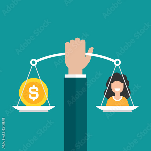 Hand holds mechanical scales with dollar coin and woman in pans. Technology or innovation value concept. work and life balance. Human resources, labour and salary pay scale. Vector illustration