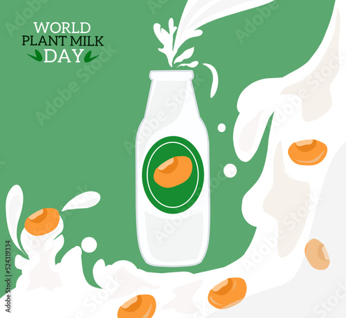 Vector illustration, splash of milk with soybeans, as a banner or poster, World Plant Milk Day. photo