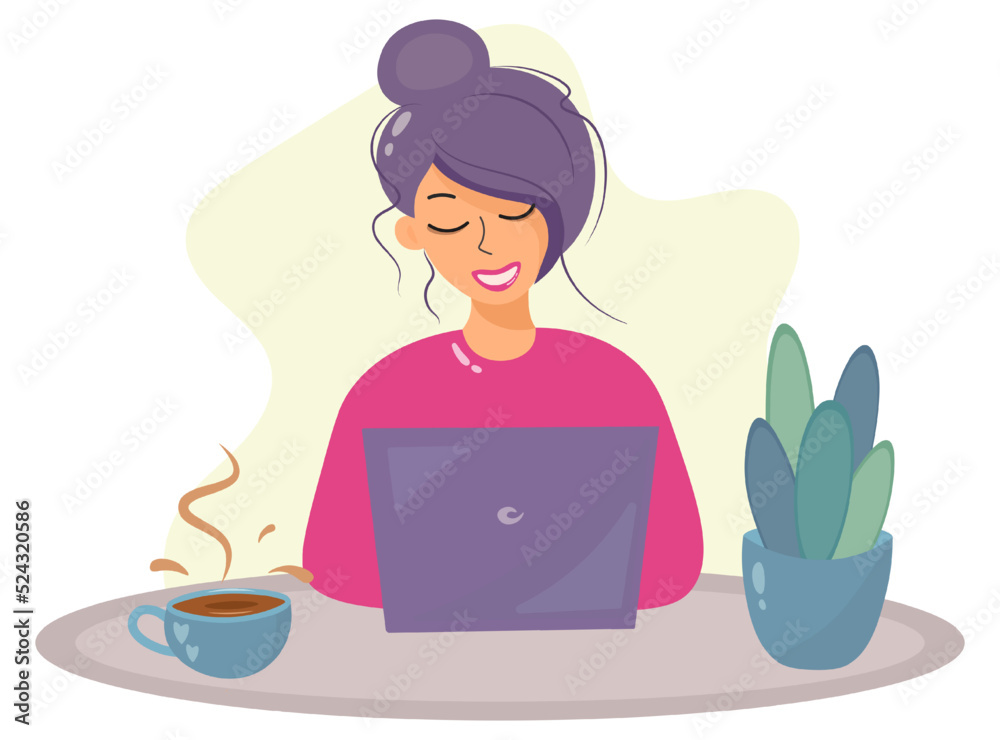 The girl works and studies at the computer. Beginning of the school year. Woman web developer with laptop. Table with home plant and cup of tea or coffee. Remote work and training. Flat vector design. The girl works and studies at the computer. Beginning of the school year. Woman web developer with laptop. Table with home plant and cup of tea or coffee. Remote work and training. Flat vector design.
