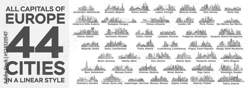 All capitals of Europe. 44 cities in a linear style with famous views and landmarks. Editable stroke. Skyline city line illustrations.