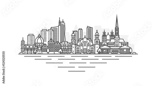 Riga, Latvia architecture line skyline illustration. Linear vector cityscape with famous landmarks, city sights, design icons. Landscape with editable strokes.