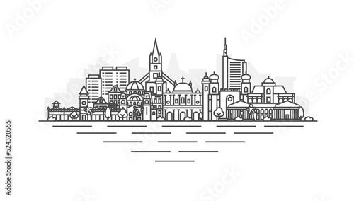 Sofia, Bulgaria architecture line skyline illustration. Linear vector cityscape with famous landmarks, city sights, design icons. Landscape with editable strokes.