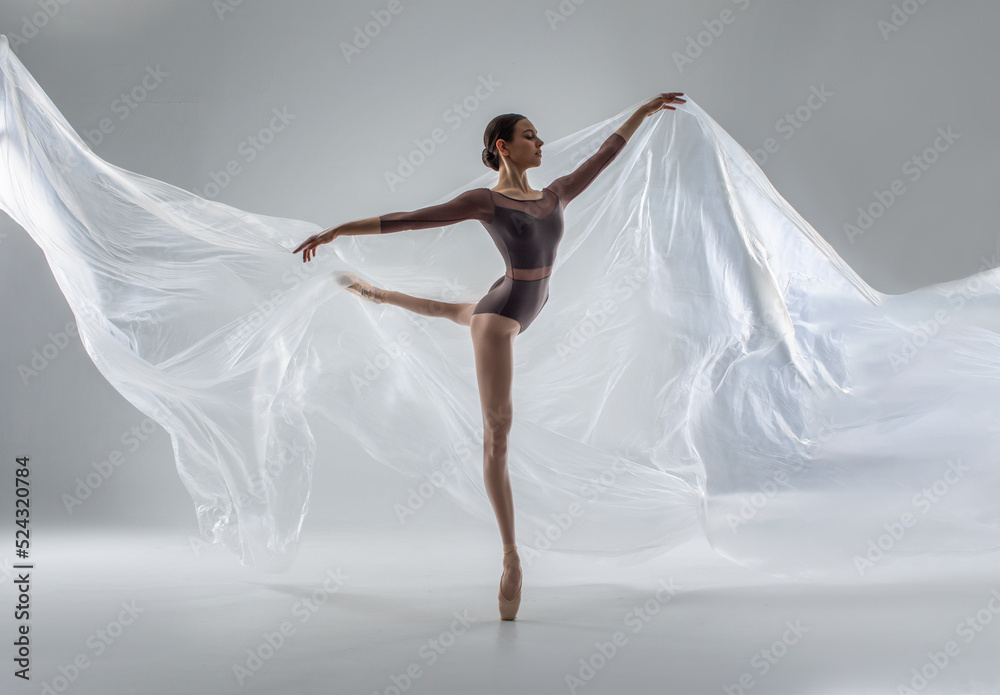 Ballerina in dark ballet leotard dancing on ballet pointe shoes in white studio  - obrazy, fototapety, plakaty 