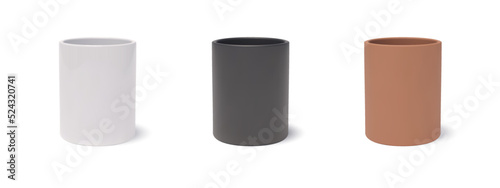 3D realistic glossy white, black and terracotta ceramic flower pots with drop shadows. Three-dimensional empty reservoirs for house plants. Vector isolated clipart