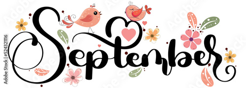 Hello September. SEPTEMBER month vector with flowers, birds and leaves. Decoration floral. Illustration month September	
