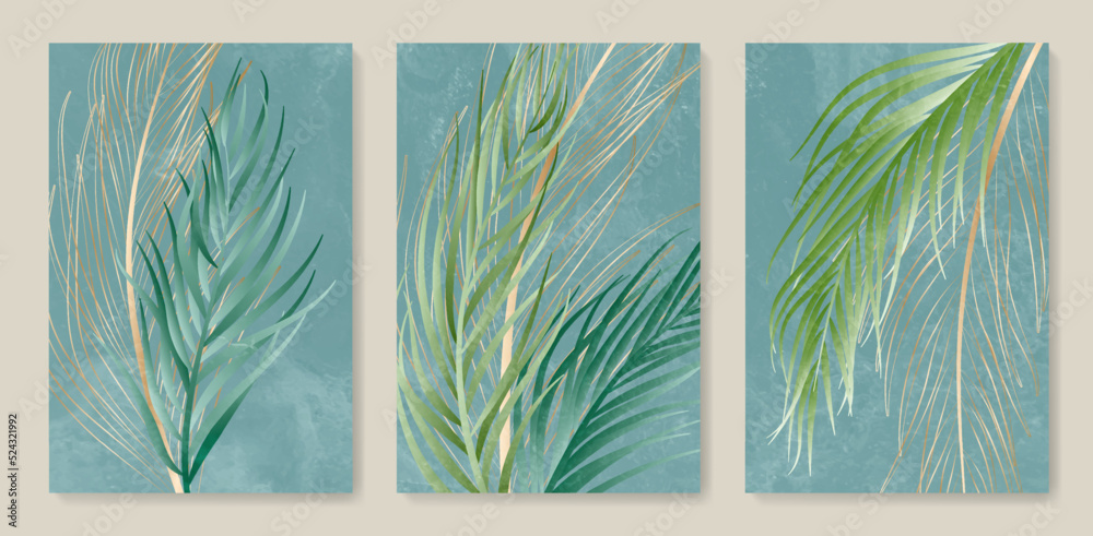Abstract art background with tropical palm leaves in gold and green ...
