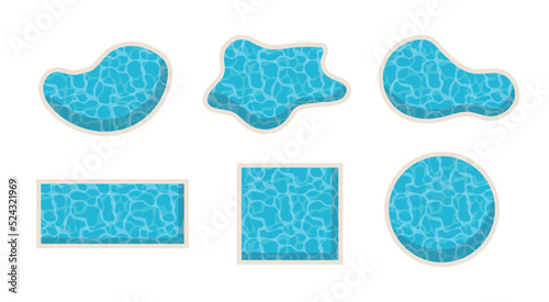 Set swimming pools of different shapes isolated on white background. Swimming pool top view in cartoon style. Vector stock