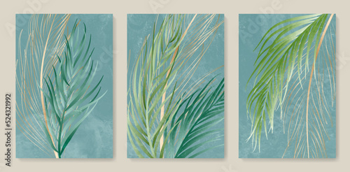 Abstract art background with tropical palm leaves in gold and green colors. Botanical set of posters with exotic plants for decoration, print, wallpaper, packaging, interior design.
