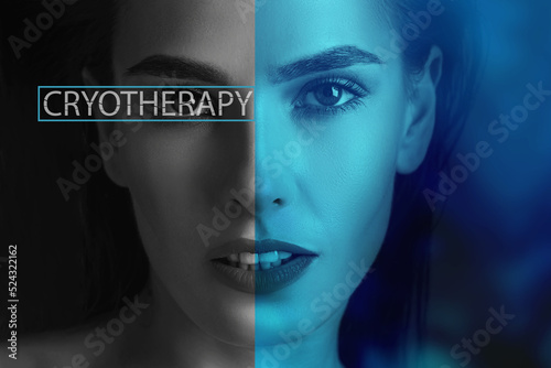 Face and skin of a woman close-up after cold therapy, Cryotherapy Skincare photo