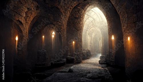 Fotografia Candles illuminate the passage in the dungeon along the stone path