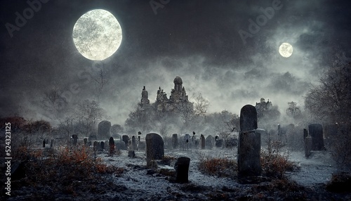 Two moons illuminate the cemetery at night in winter. photo