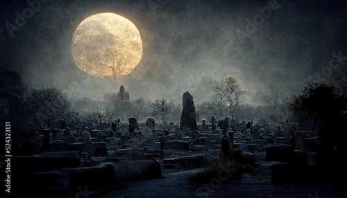 The big full moon shines on the cemetery in winter.