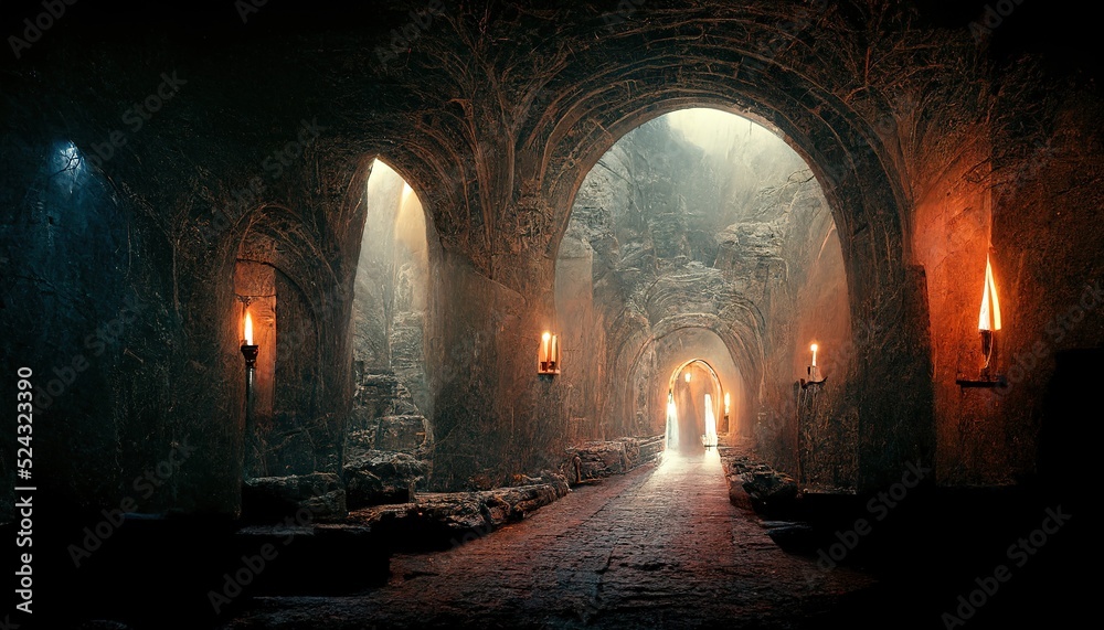 The castle's underground tunnel is lit by candles and daylight. - obrazy, fototapety, plakaty 