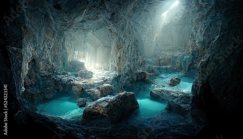 Rays of sunlight through the holes in the cave illuminate the blue water.