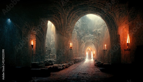 The castle's underground tunnel is lit by candles and daylight. photo