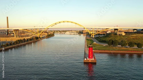 Aerial view Hoan Memorial Bridge and  Pierhead Lighthouse in Milwaukee, Wisconsin, USA at sunrise  photo