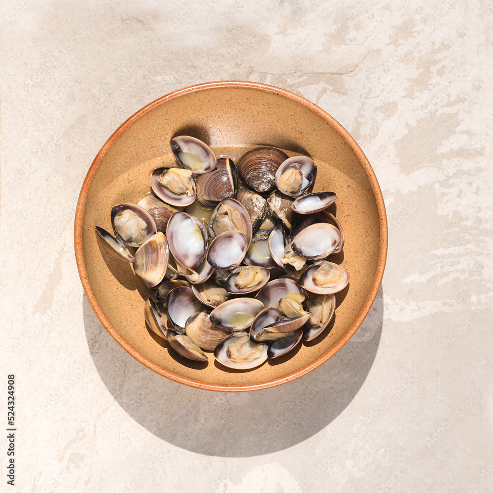Delicious Clams (Venus clams or vongole) in the rustic dish, stone warm light background, bright sunlight. Aesthetic composition, fresh seafood Delicious Clams (Venus clams or vongole) in the rustic dish, stone warm light background, bright sunlight. Aesthetic composition, fresh seafood