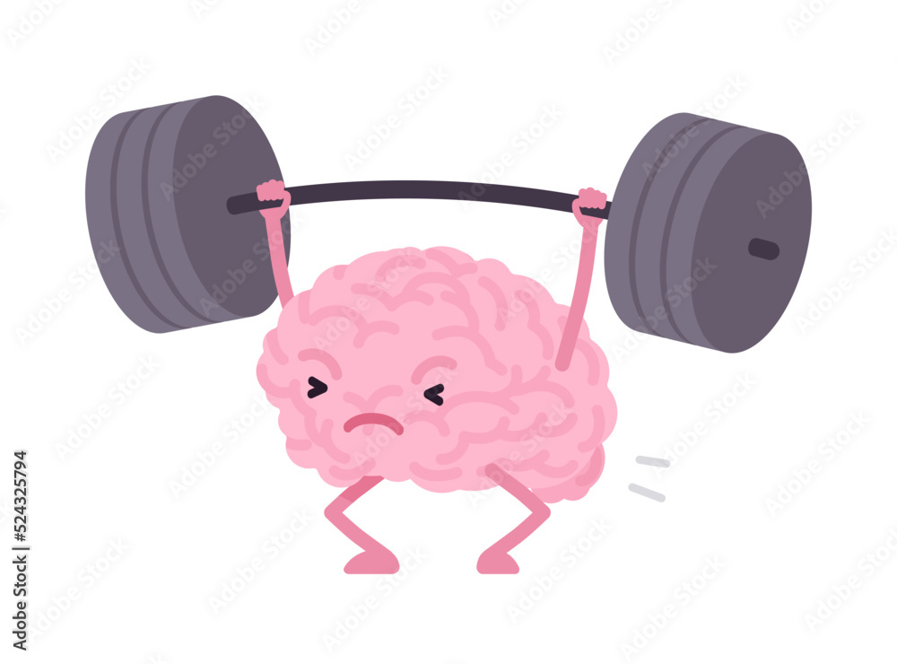 Strong human brain cute character weight lifting pose. Keep young, strong, agile, adaptable, mental fitness to level up mental performance and cognitive power. Vector flat style illustration Strong human brain cute character weight lifting pose. Keep young, strong, agile, adaptable, mental fitness to level up mental performance and cognitive power. Vector flat style illustration