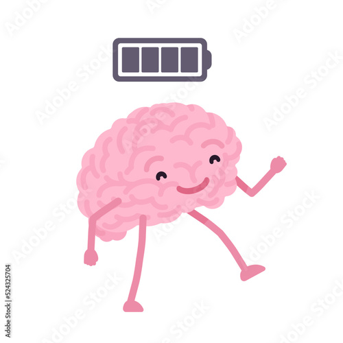 Full battery human brain cute character walking pose. Happy healthy functioning mind development, rejuvenating, bright physical or mental activity, power. Vector flat style illustration
