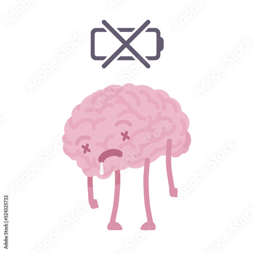Low battery indicator human brain cute character worn out pose. Bad level activity, discharge, stressed out, emotional, mental, social, physical and spiritual loss. Vector flat style illustration