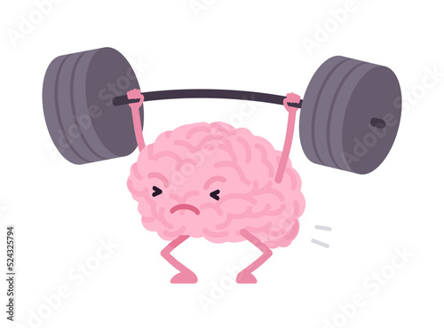 Strong human brain cute character weight lifting pose. Keep young, strong, agile, adaptable, mental fitness to level up mental performance and cognitive power. Vector flat style illustration