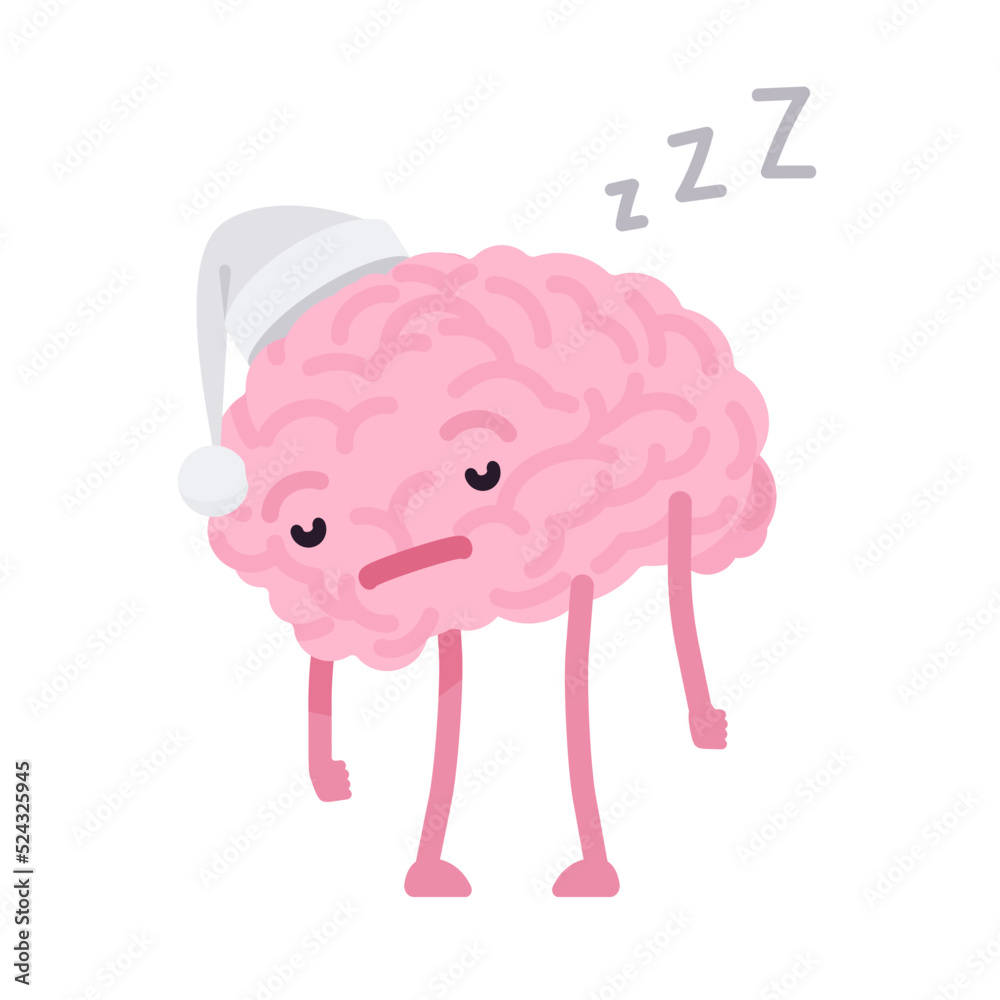 Human brain cute character in sleeping cap. Passive, inactive z snoring, dormancy, sleep-wake disorders, bad mental health in depression, anxiety, or cognitive problem. Vector flat style illustration Human brain cute character in sleeping cap. Passive, inactive z snoring, dormancy, sleep-wake disorders, bad mental health in depression, anxiety, or cognitive problem. Vector flat style illustration
