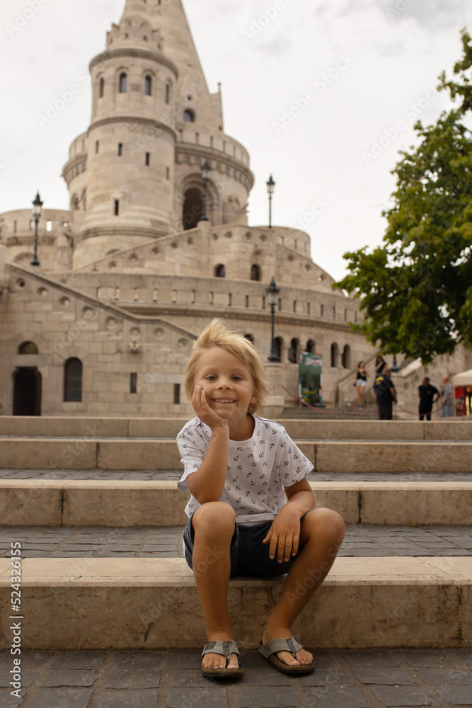 Child, boy, visiting the castle in Budapest on a summer day