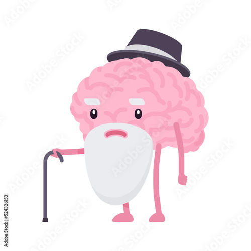 Old human brain cute character with beard, walking stick. Disorder, physical problems after tumors and strokes, dementia, alzheimer problem, poor memory, learning. Vector flat style illustration