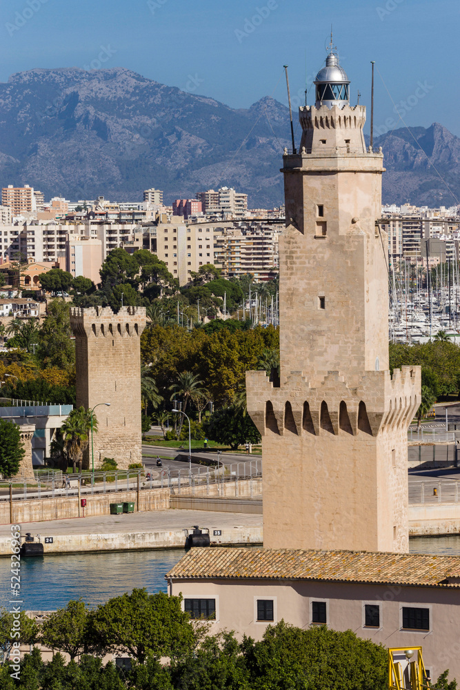 Paraires tower and Signal Tower of Porto Pi lighthouse, XV century, declared a Historic-Artistic Monument on August 14, 1983. Palma, Mallorca, Balearic Islands, Spain