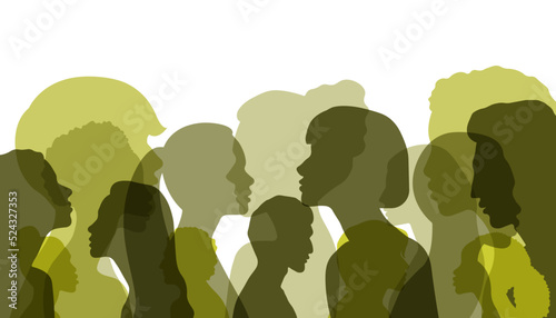 Collage Silhouette group of people profiles. Group side silhouette men and women of diverse culture and different countries. Harmony friendship integration. Racial equality	
