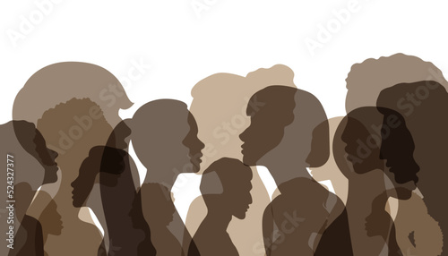 Collage Silhouette group of people profiles. Group side silhouette men and women of diverse culture and different countries. Harmony friendship integration. Racial equality	