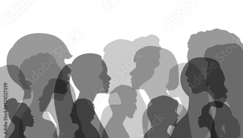 Collage Silhouette group of people profiles. Group side silhouette men and women of diverse culture and different countries. Harmony friendship integration. Racial equality	