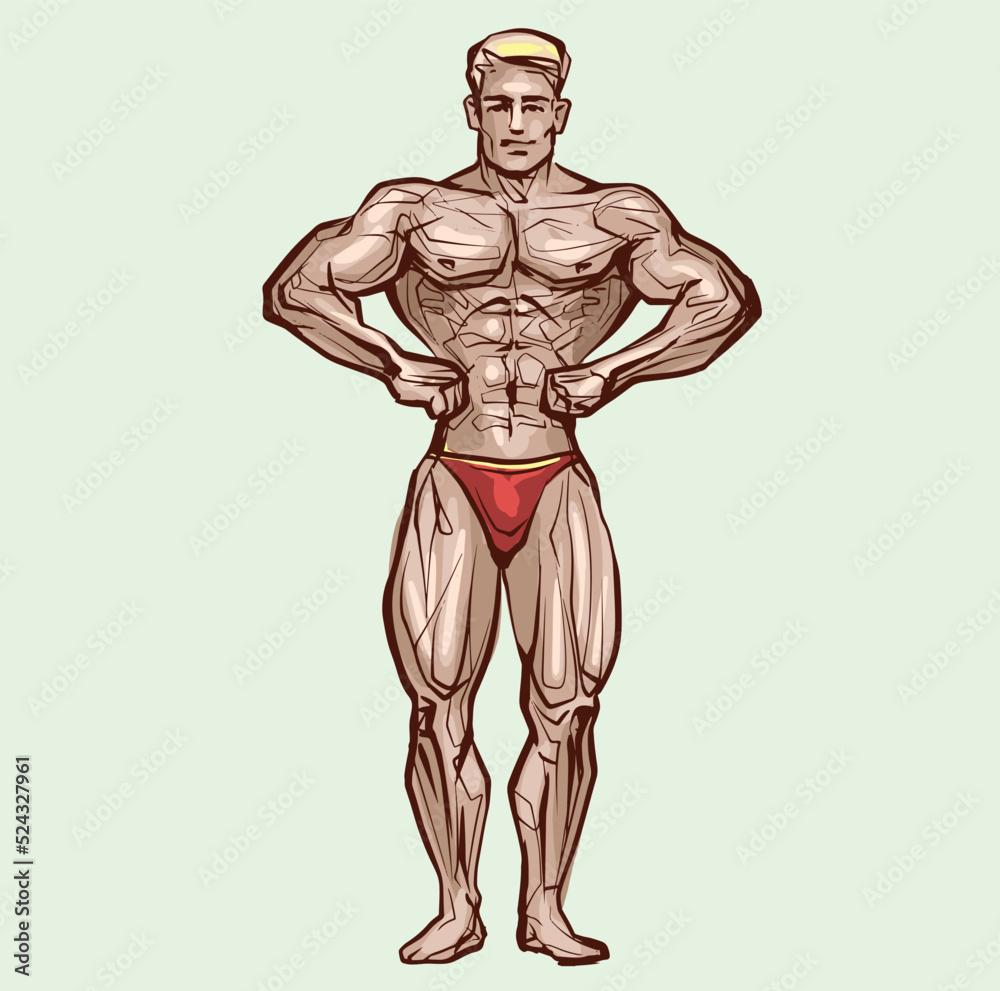 Bodybuilder muscle man, fitness posing. Colored, Isolated, Hand Drawing Vector Illustration Image Bodybuilder muscle man, fitness posing. Colored, Isolated, Hand Drawing Vector Illustration Image