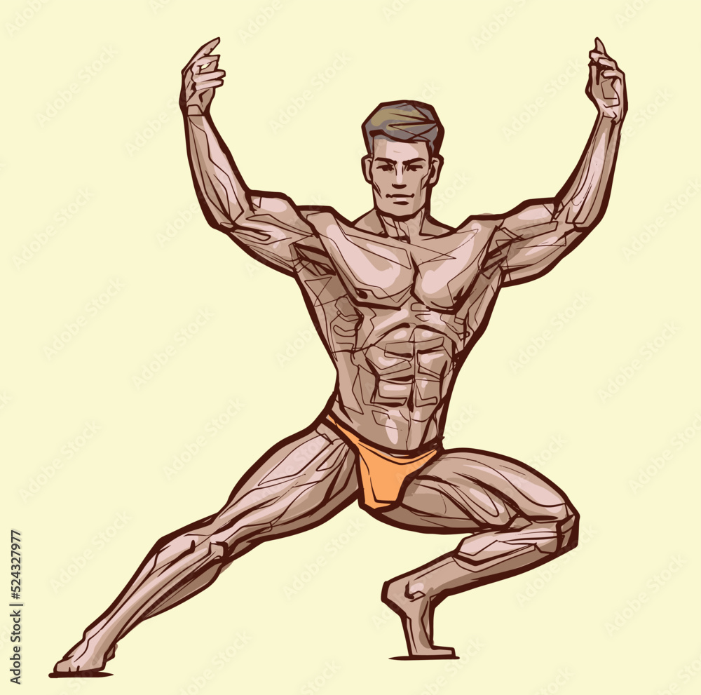 Bodybuilder muscle man, fitness posing. Colored, Isolated, Hand Drawing ...