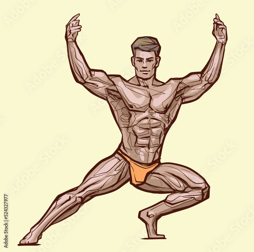 Bodybuilder muscle man, fitness posing. Colored, Isolated, Hand Drawing Vector Illustration Image
