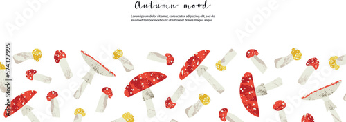 Autumn banner: red, yellow fly agaric, amanita muscaria. Fall border. Poisonous inedible mushroom. Autumn seasonal forest fungi. Vector flat cartoon illustration