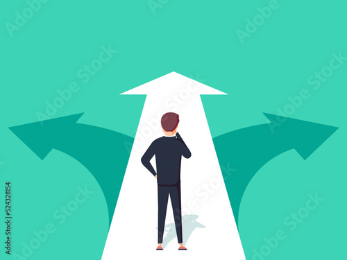 Thoughtful man standing at crossroads. Way choice concept. Start of career. Confused businessman thinking about the right path. Pathway selection dilemma. Vector illustration in flat cartoon style 