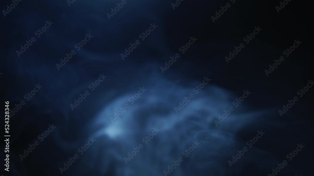 Mist texture. Smoke background for intro. Transparent fume cloud. Defocused blue vapor floating motion on dark night black abstract overlay.