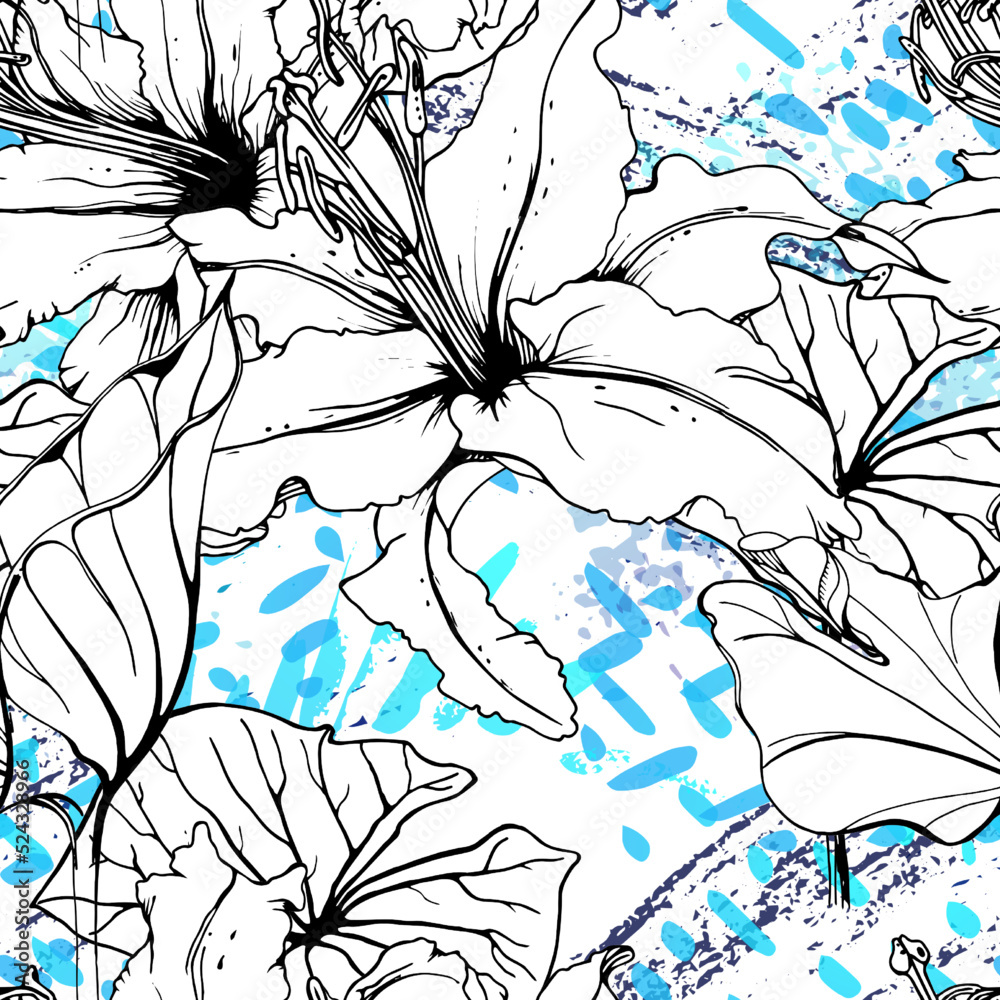 Fototapeta premium Floral Black White Pattern. Modern Watercolor