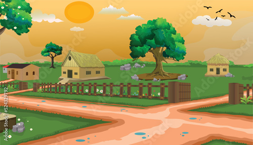 Village cartoon background illustration morning background with sun, four houses trees, and narrow road.