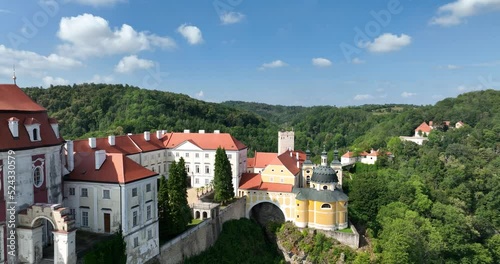 Vranov nad Dyji Aerial View. Baroque castle and city in Moravian region in Czech Republic. Vranov nad Dyjí Chateau. Czechia. photo