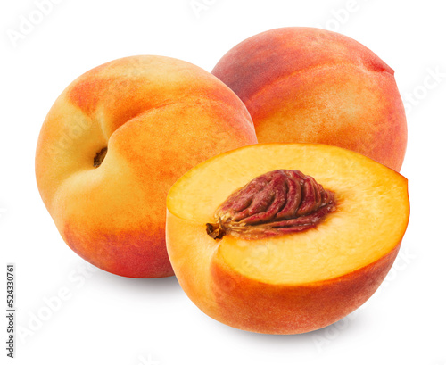 Peaches isolated. Ripe peaches on a white background. Fresh fruits.