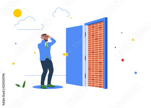 Businessman open exit door and found brick wall blocking the way. Business dead end, exit or big mistake and wrong decision, obstacle and difficulty to overcome concept, 