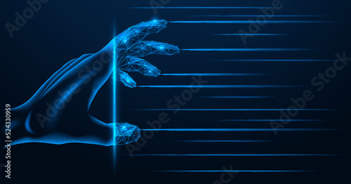 Hand is transformed into a digital copy. Entrance to the virtual world. Polygonal design. Blue background.