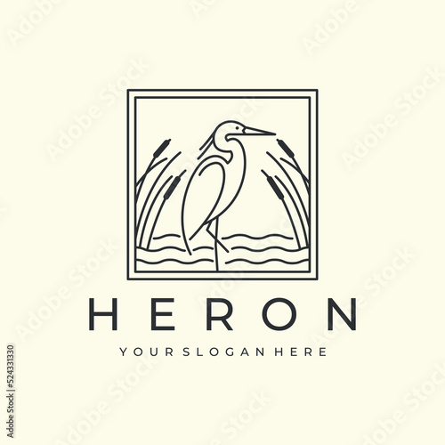 heron bird with line art and emblem style logo vector icon design template illustration