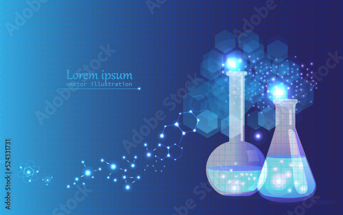 blue chemistry science background. futuristic chemistry tubes and chemical reaction. Molecules, chemical bonds, atoms and elements background. Vector chemistry poster.