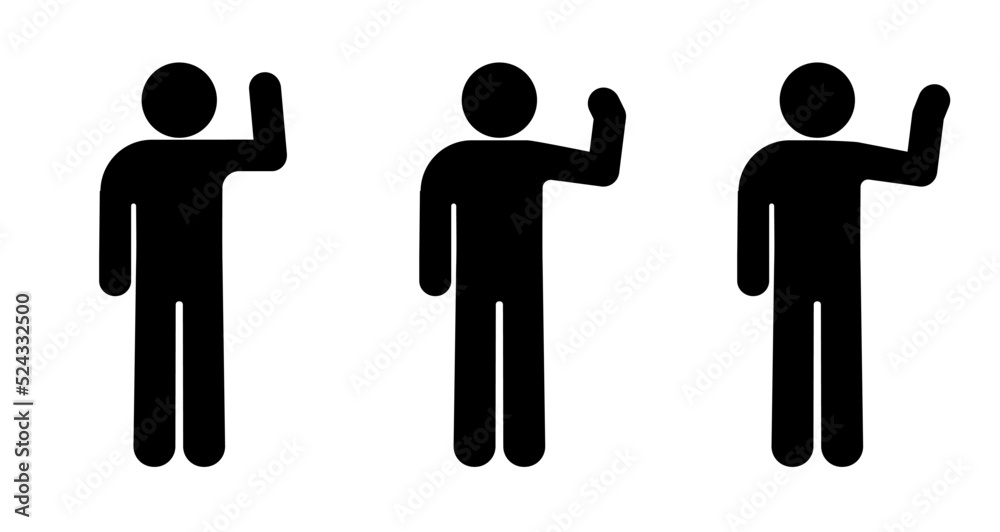 man raised his hand, greeting, stick figure icon, people waving their
