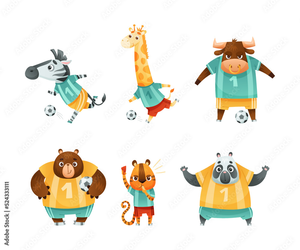 Fototapeta premium Wild Animal Characters Playing Football Wearing Uniform Passing Ball Vector Set